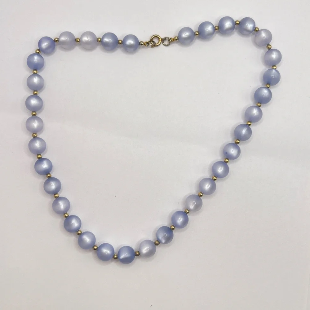 Vintage Beaded Gemstone Design Necklace Pale Blue Lavender Gold Accent Beads - Picture 2 of 3
